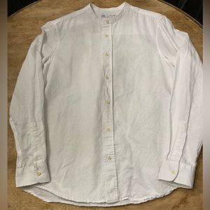 Zara Women’s Med White‎ Linen Blend Long Sleeve Button Front Nehru Collar Blouse